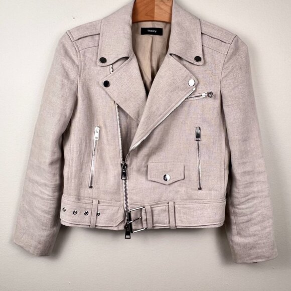 THEORY Women’s Linen Belted Shrunken Motorcycle Jacket - Beige. Size: XS - Picture 5 of 9